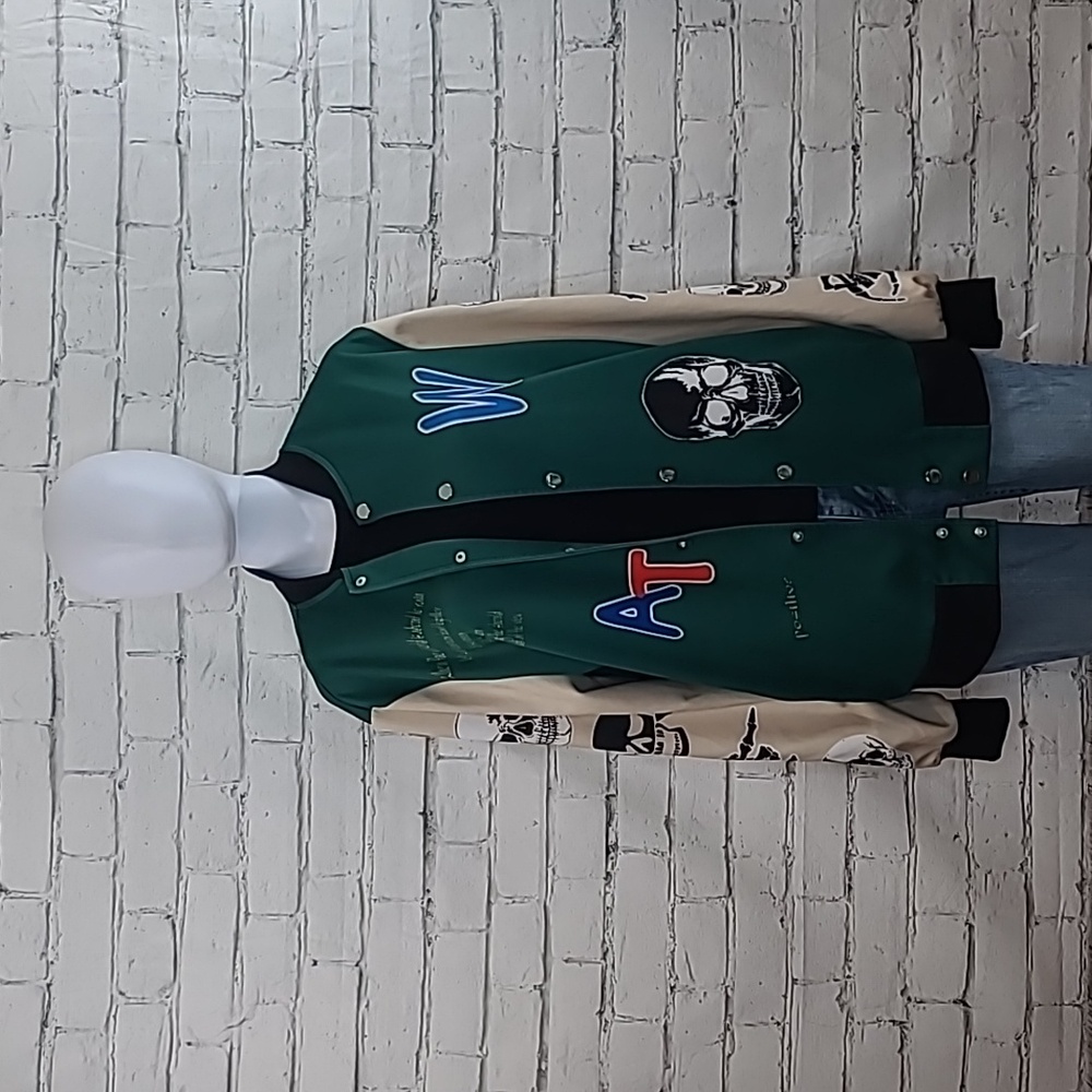 Shein Varsity Style Grunge Skull Graphics Snap Front Banded Jacket Green/Beige